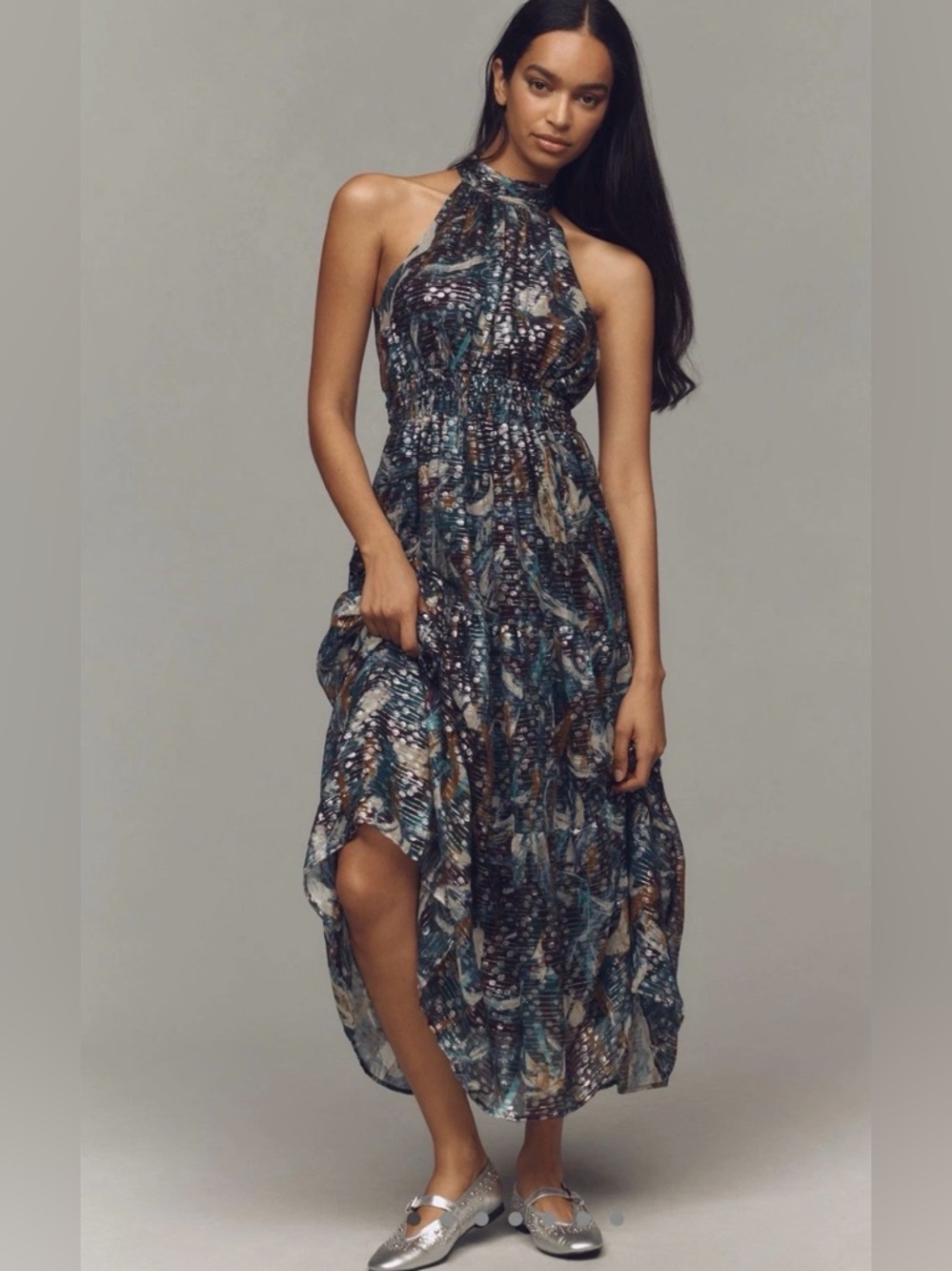 Anthropologie Halter Midi Dress in Teal, Navy & Brown Print